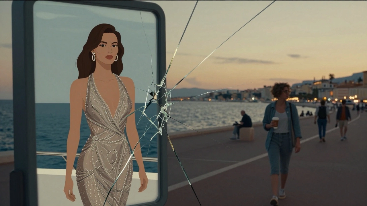 A fractured mirror reflecting a fake ad image on one side and a real person walking at sunset on the other.